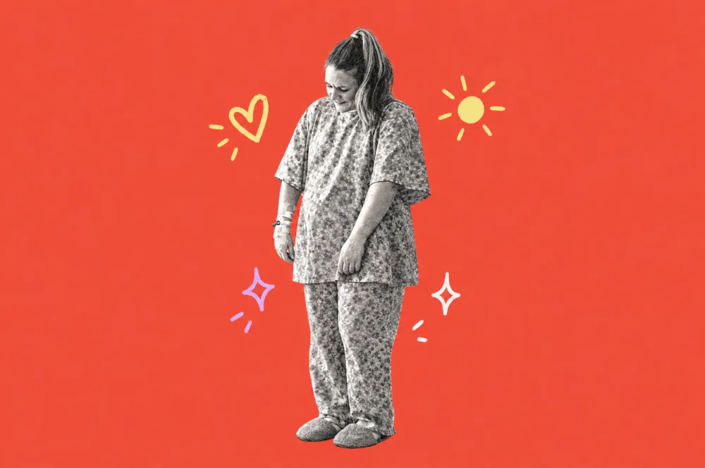 Illustration of a new mom in a loose patterned two-piece outfit and slippers