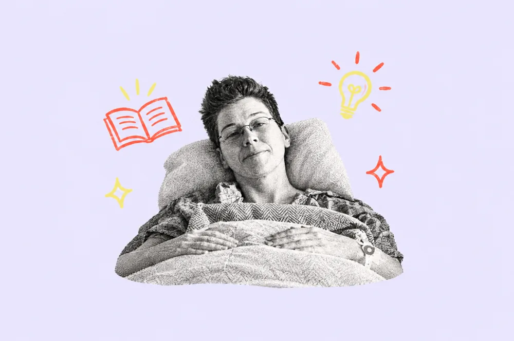 Illustration of a woman resting in a hospital bed with book and lightbulb doodles