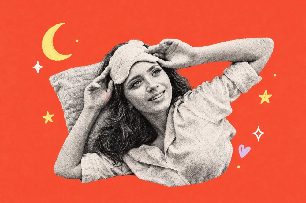 Illustration of a smiling woman on a pillow lifting her sleep mask