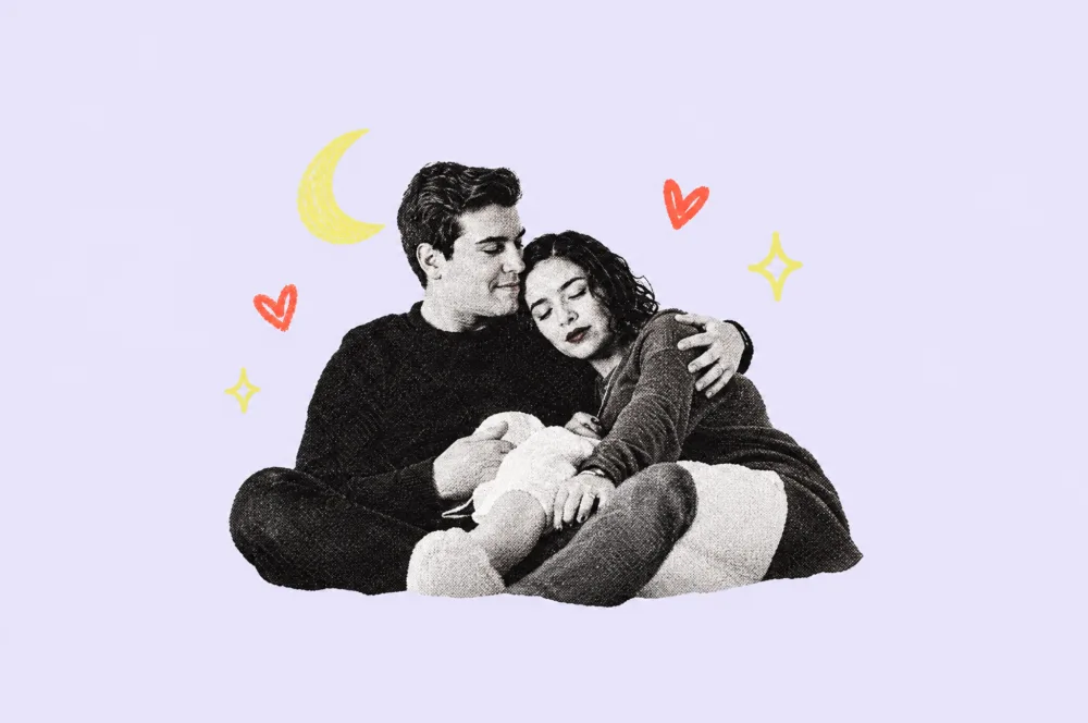 Illustration of new parents cuddling with their baby under a crescent moon