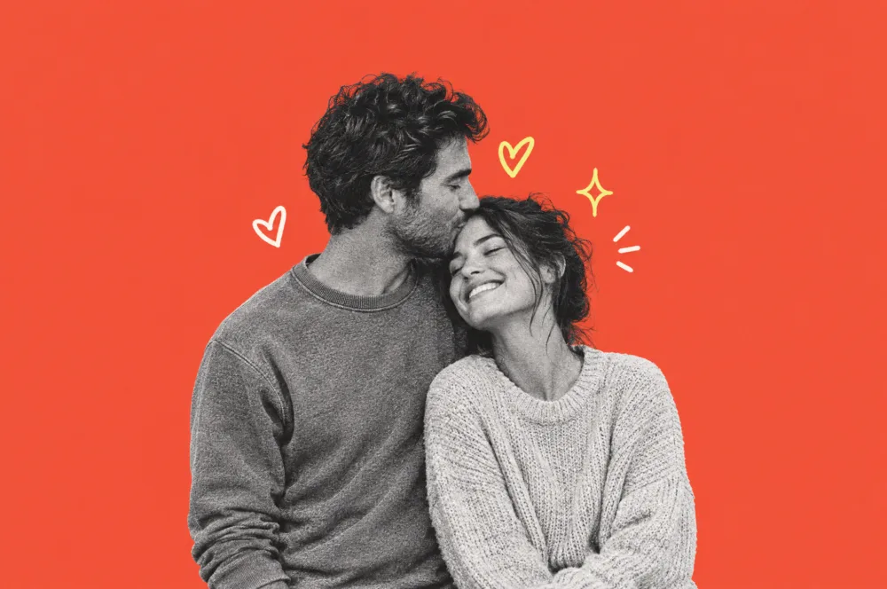 Illustration of a man kissing a smiling woman on her forehead
