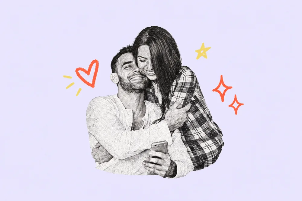 Illustration of a laughing couple hugging, surrounded by hearts and sparkles