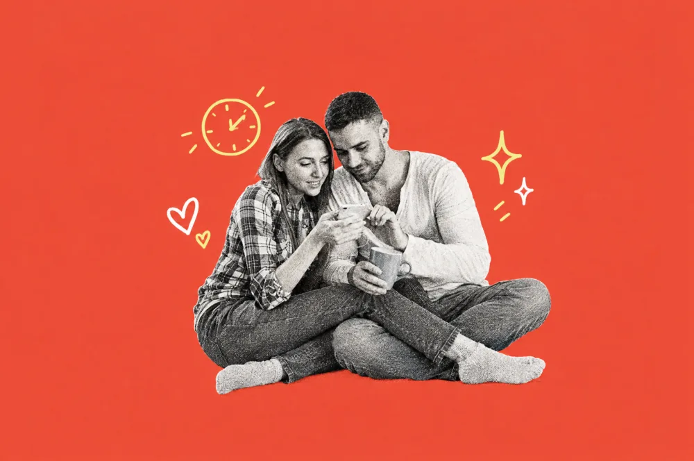 Illustration of a couple sitting close together looking at a phone