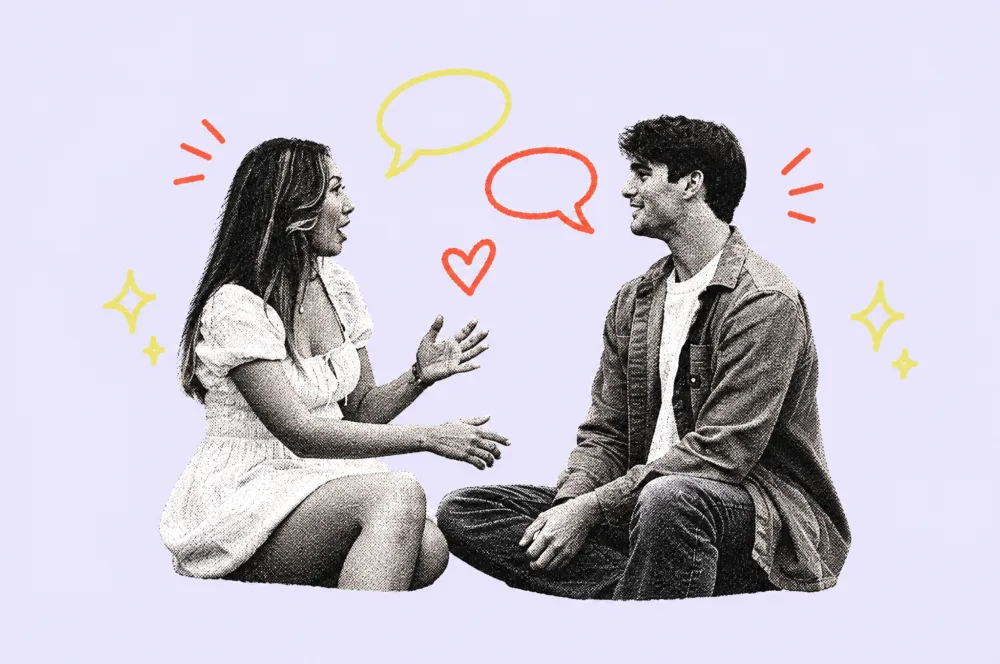 Illustration of a couple sitting and talking with empty speech bubbles above