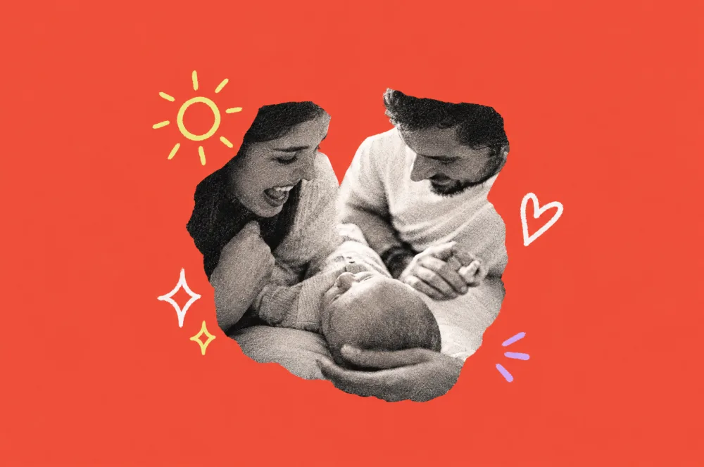 Illustration of two smiling parents leaning over their newborn baby