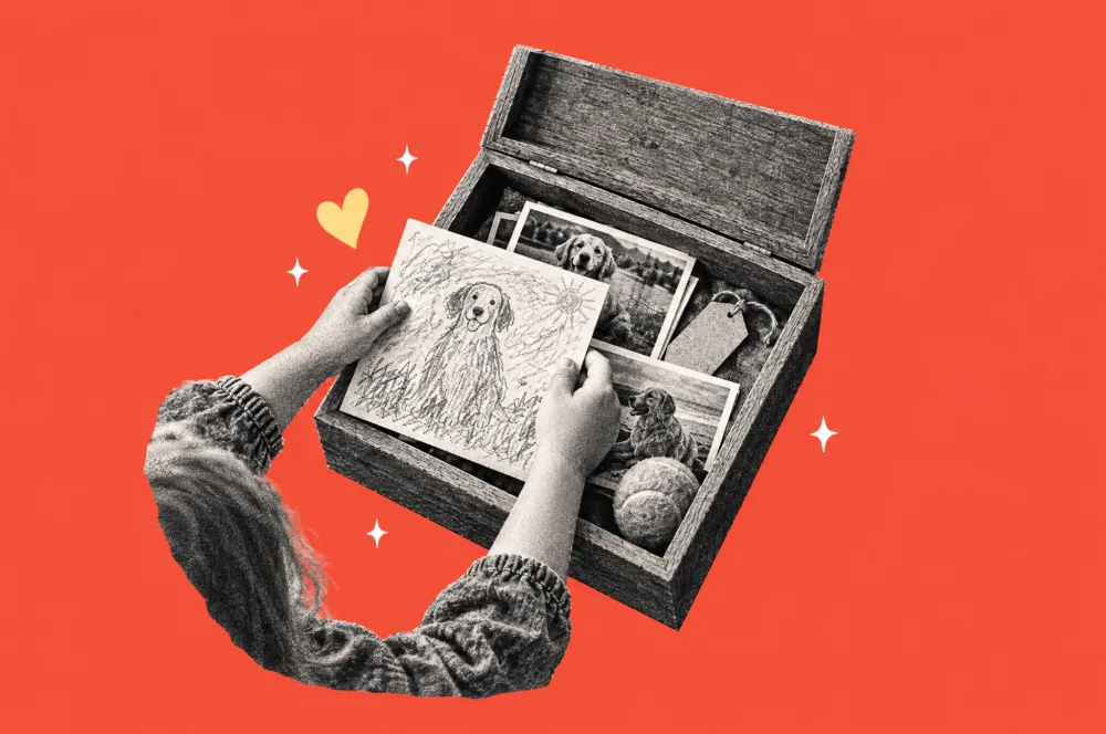 Illustration of a child placing a drawing of a dog into a wooden memory box