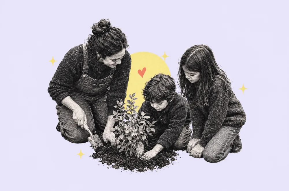 Illustration of a parent and two children planting a young shrub together