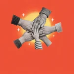 Illustration of hands of different ages stacked together in front of a yellow sun