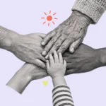 Illustration of hands of different ages stacked together under a small sun