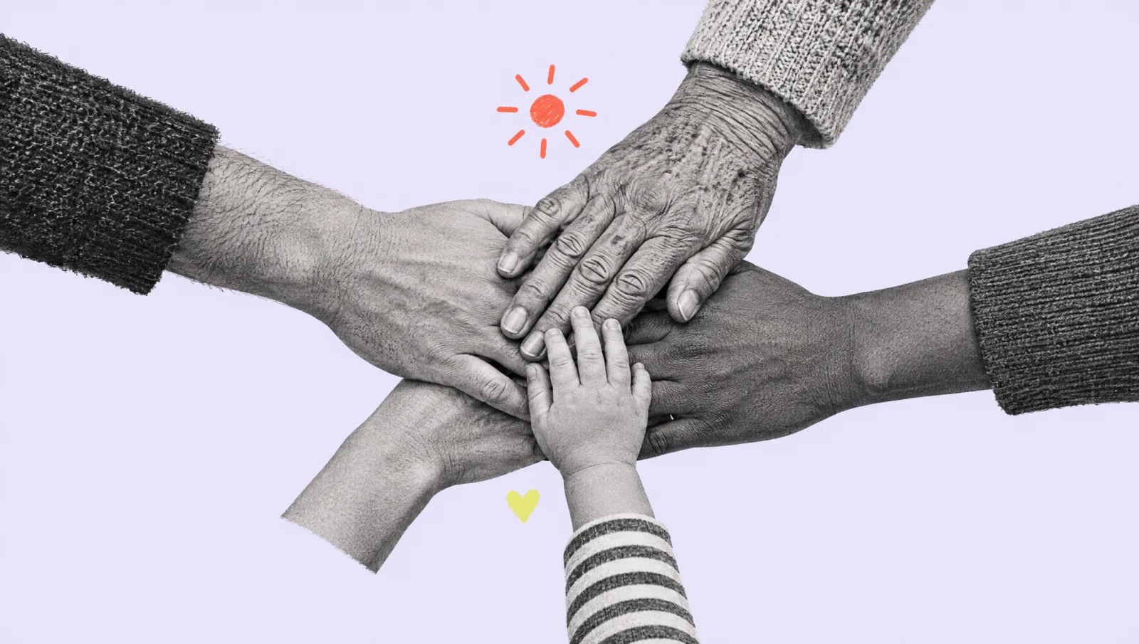 Illustration of hands of different ages stacked together under a small sun