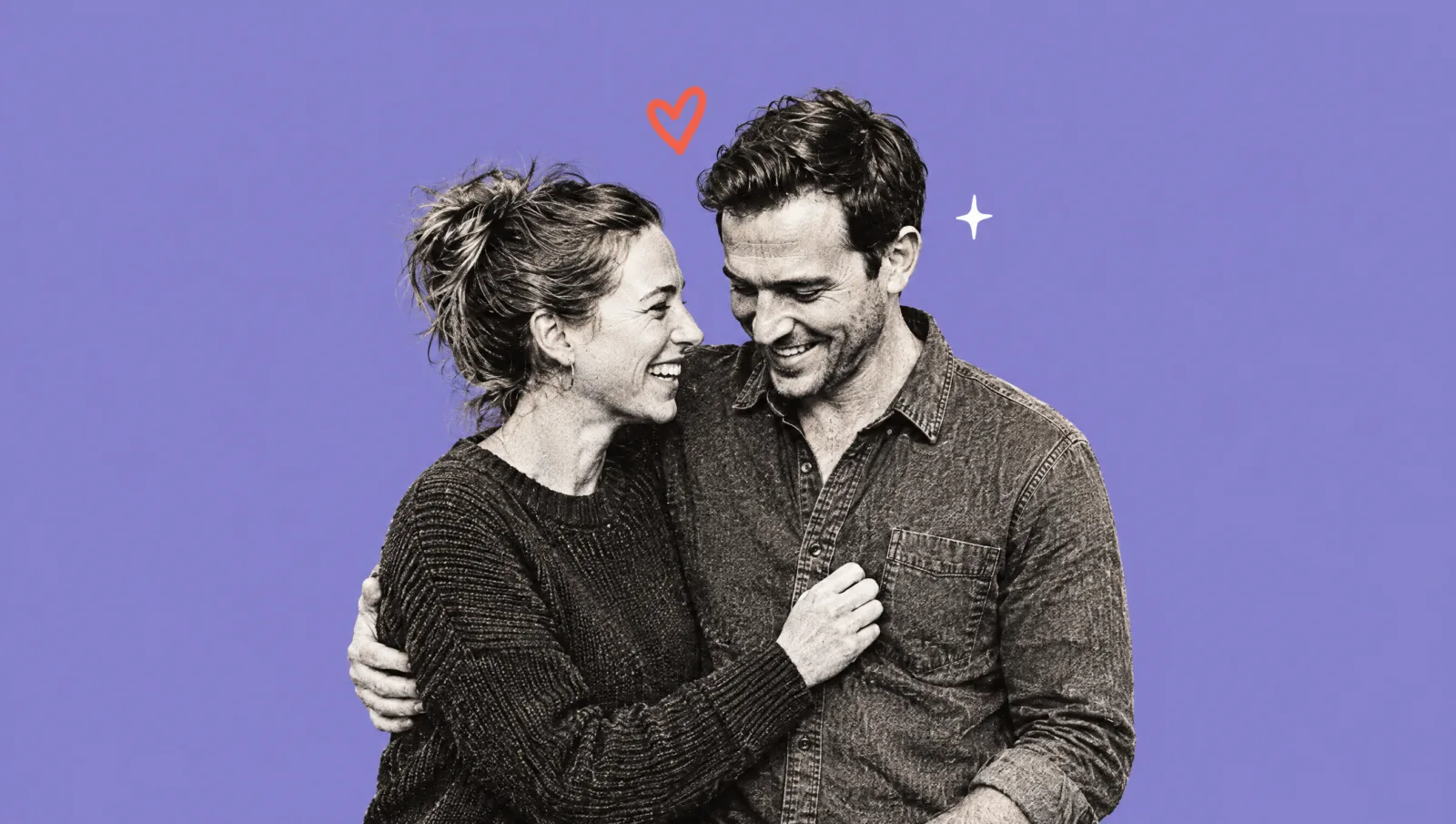 Illustration of a laughing couple hugging under a small coral heart
