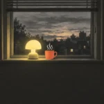 Window at dusk with a glowing yellow lamp and a steaming coral mug on the sill