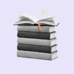 Illustration of a stack of books topped by an open book with a coral bookmark