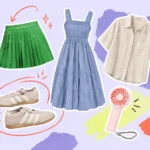 Scrapbook collage of a tennis skirt, sundress, linen shirt, sneakers, and handheld fan for summer travel