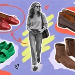 Scrapbook collage of a woman walking among red ballet flats, green flats, brown loafers, and suede booties