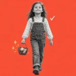 Illustration of a smiling young girl proudly carrying a small basket of eggs on a coral background