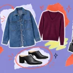 Scrapbook collage of a denim shacket, burgundy sweater, and black leather mules with two stylish women