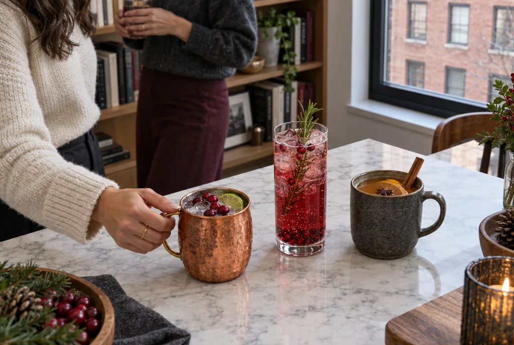 Guest reaching for a copper mug of cranberry ginger fizz next to a pomegranate spritz and a mug of spiced cider on a marble counter